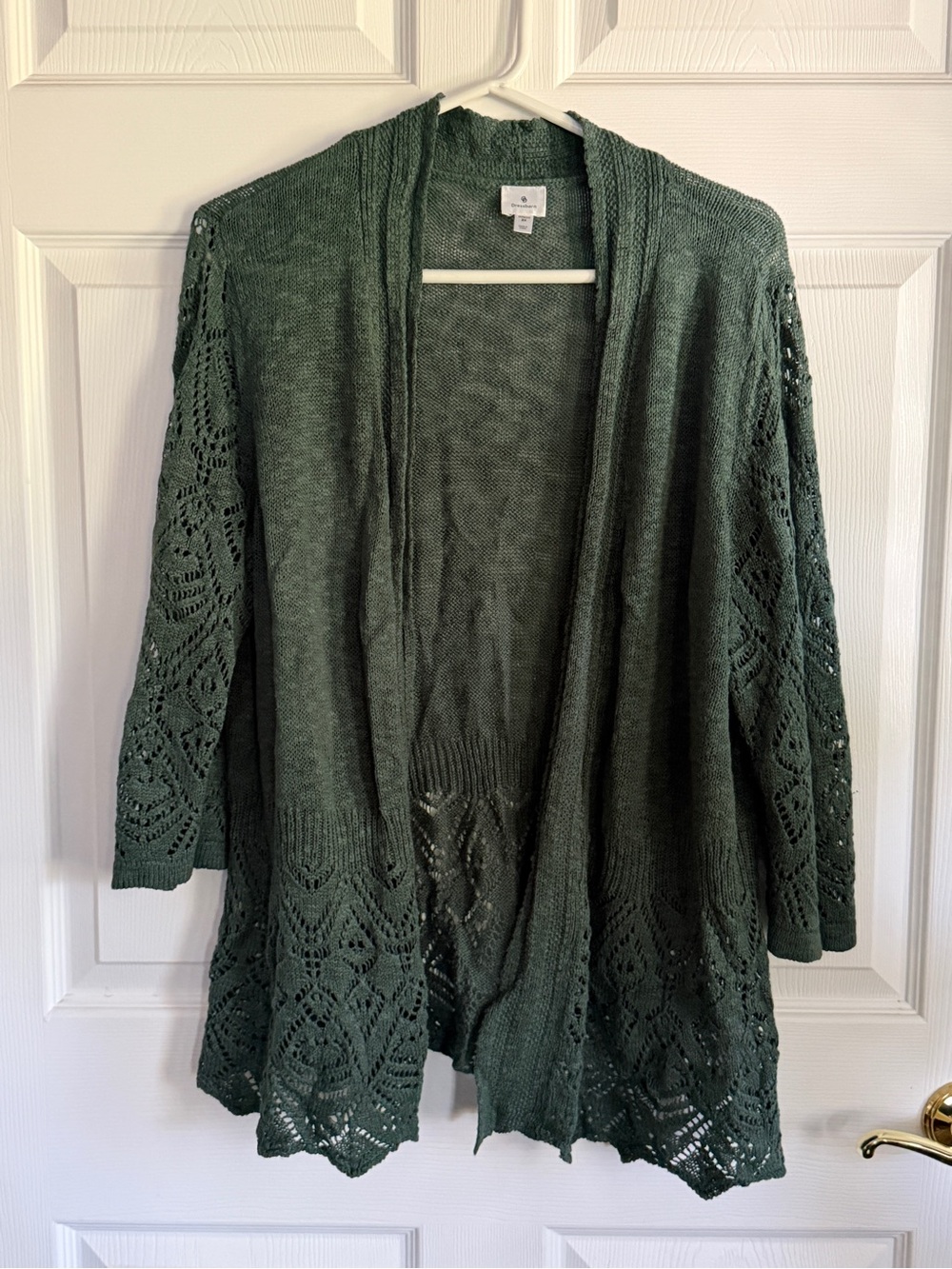 dressbarn Green Open-Front Crochet Hem Cardigan